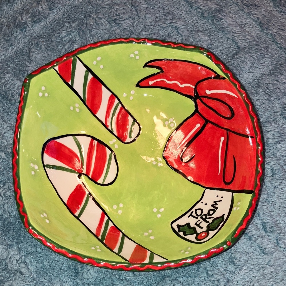 Joanne Delomba Holiday Candy Cane Bowl With Red Bow